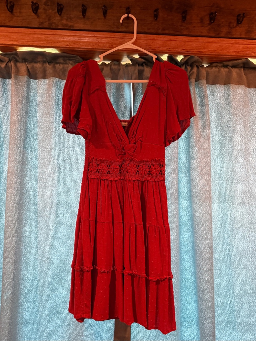 Women's Red V-Neck Tiered Mini Dress with Crochet Waist